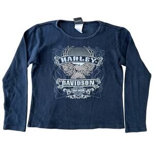 Y2K Harley Davidson Biker T Shirt Womens Medium Black Studded Rhinestone